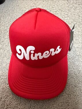 Niners Red Trucker Hat with White Script